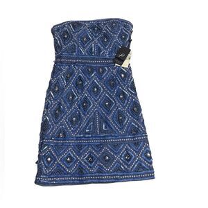 NWT Adrianna Papell blue Strapless Embellished beaded Diamond pattern Mini Dress